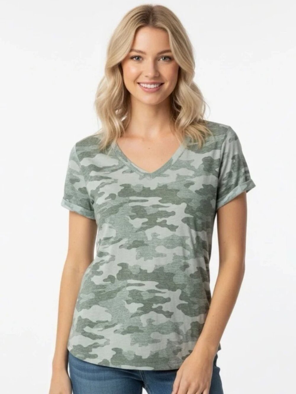 Universal Thread Women's Green Camo V-Neck Cotton Tee T-Shirt Size Medium